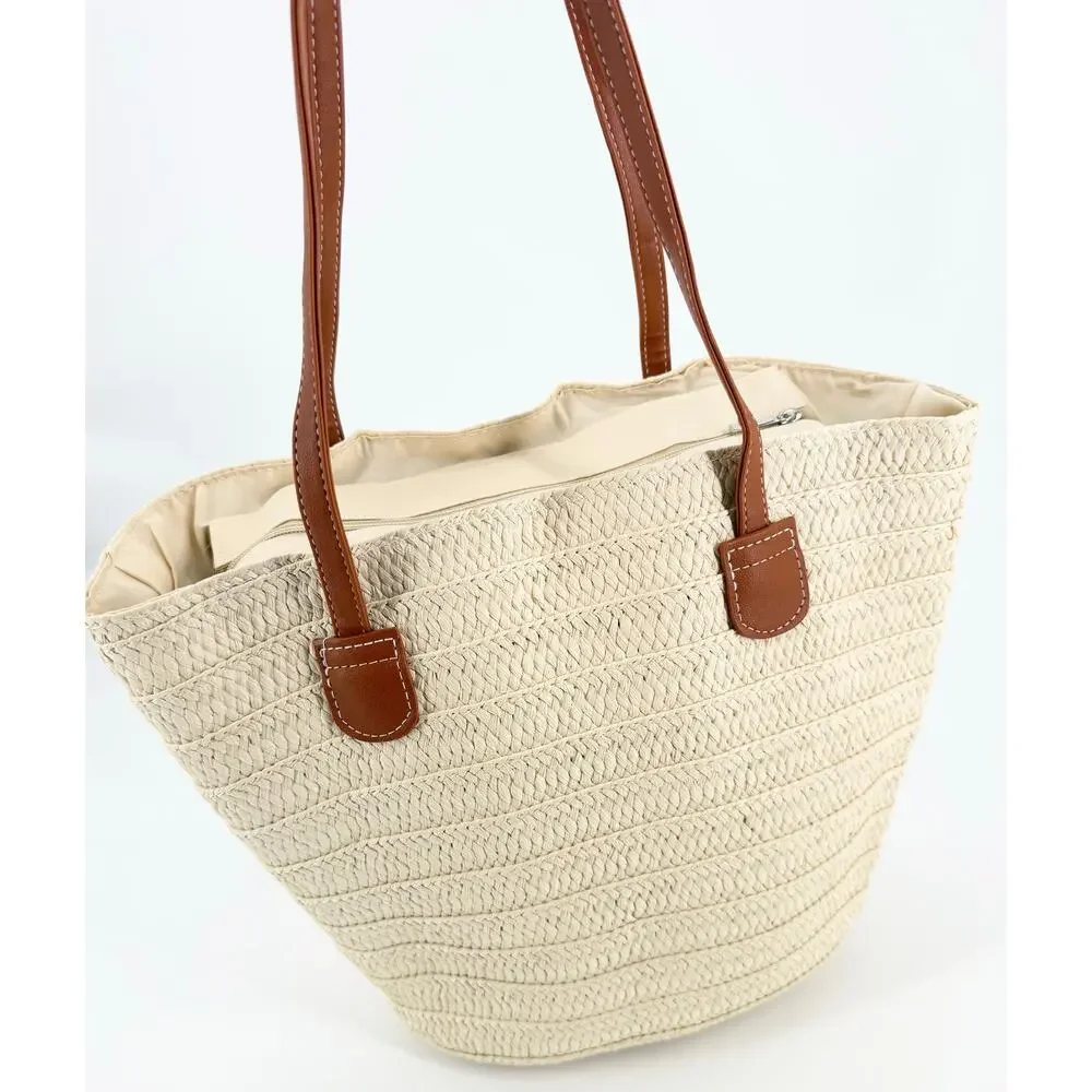 Straw Woven Tote Beach Bag Coastal Resort Market Shopper NWOT Summer Purse